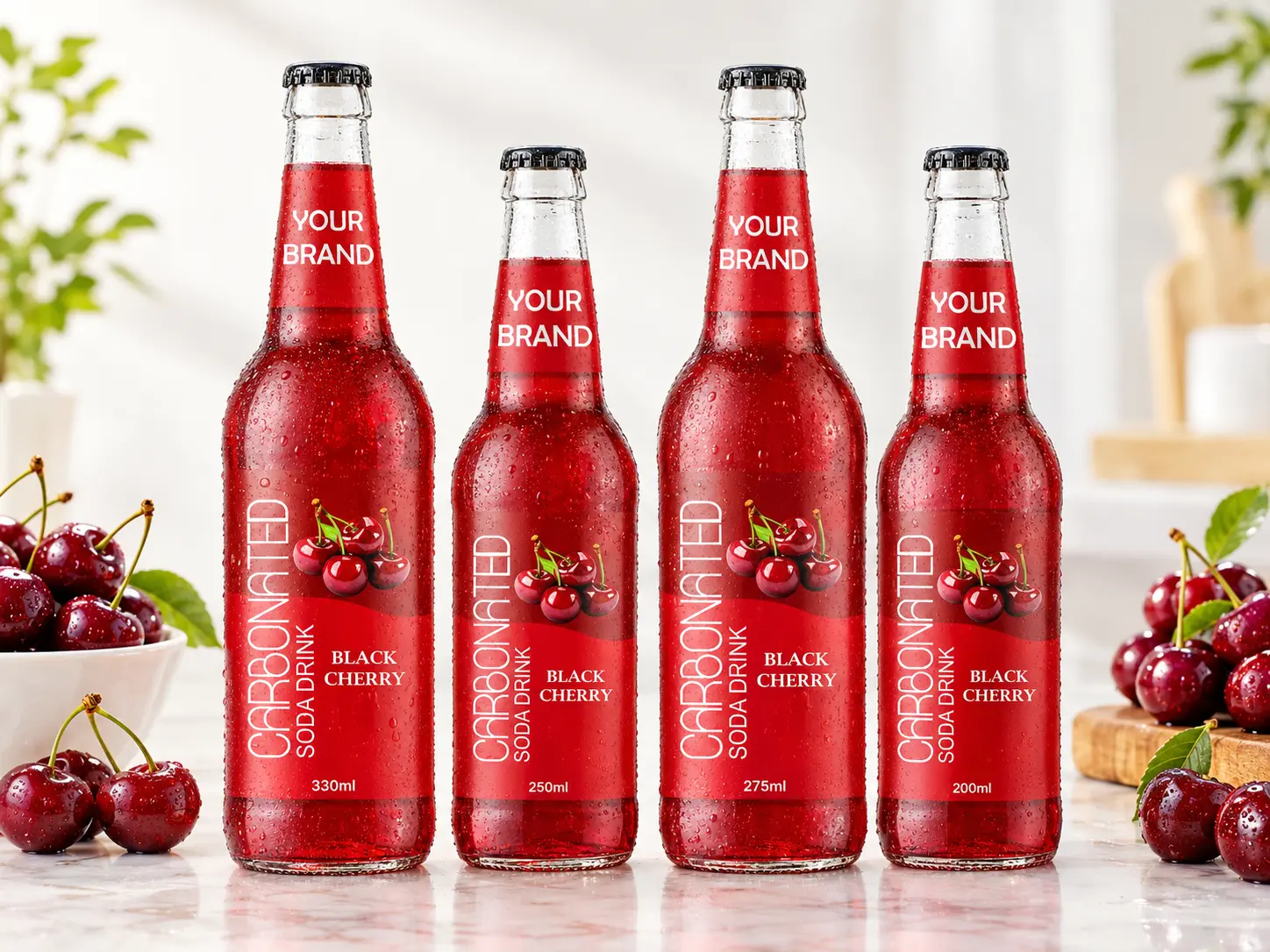 CARBONATED SODA DRINK Black Cherry flavour in 330ml, 250ml, 275ml and 200ml glass bottles.